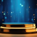 Golden Pedestal on a Dark Stage With Shimmering Blue Curtains and Bokeh Lights