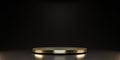 Golden pedestal of platform display with luxury stand podium on dark room background. Blank Exhibition or empty product shelf. 3D