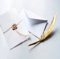 Golden pen and stamped envelope Royalty Free Stock Photo