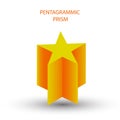 Golden pentagrammic prism with gradients and shadow for game, icon, package design, logo, mobile, ui, web, education. 3D