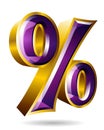 Golden percent sign in 3D style isolated on white background. Vector illustration. Royalty Free Stock Photo