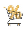 Golden percent sign in shopping cart isolated on white background. Flat vector illustration Royalty Free Stock Photo