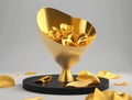 Golden petals twirling amidst a cloud of wax. Podium, empty showcase for packaging product presentation, AI generation