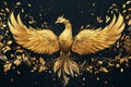 Golden phoenix rising spreading its wings on black background Royalty Free Stock Photo