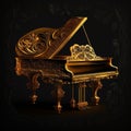 Golden piano grand piano isolated on black round plan, beautiful music background,