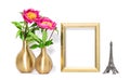 Golden picture frame pink flowers decoration Eiffel tower Paris Royalty Free Stock Photo