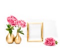 Golden picture frame pink peony flowers. Minimal decoration Royalty Free Stock Photo