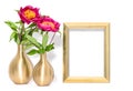 Golden picture frame pink peony flowers Royalty Free Stock Photo