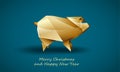 Golden Pig as a Symbol of Chinese New Year. Vector Polygonal Pig on Soft Blue Background as Invitation Template for New Year Party