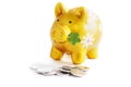 Golden piggibank with coins Royalty Free Stock Photo