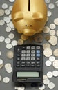 Golden piggy bank looking to calculator.financial concept