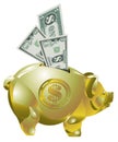 Golden piggy bank with money