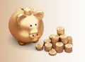 Golden Piggy bank with money on background