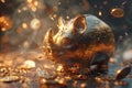 A golden piggy bank rests atop a heap of coins, showcasing savings and financial growth, Blend traditional and digital art