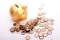 Golden piggy bank with savings in coins of the Brazilian money Royalty Free Stock Photo