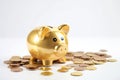 Golden piggy bank on white table with golden coins. Golg piggybank, money box. Money saving concept. AI Generated