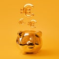 Golden piggy bank on yellow background with Gold Euro Sign Balloons. Golden currency symbol made of inflatable foil balloon. Royalty Free Stock Photo