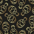 Golden pineapples on a black background. Seamless linear vector.