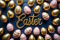 Golden and Pink Easter Eggs Scattered on Dark Blue Wooden Surface decorative Royalty Free Stock Photo