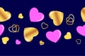 Golden and pink hearts on a dark blue background. Seamless border