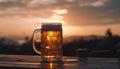 A golden pint glass of frothy beer on a wooden table generated by AI