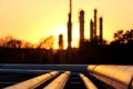 Golden pipe system against the sun in oil crude refinery