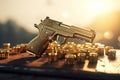 Golden pistol laying on gold blocks. Generate ai