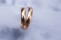 Golden smoth wedding rings in on white veil of bride