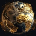 Planet Earth in gold, with nice golden continents, clouds and blue oceans. Generative AI Royalty Free Stock Photo