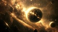 Golden planet in a nebula with rings and other celestial bodies Royalty Free Stock Photo