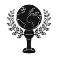 Golden planet with a wreath.The trophy for the best film about the Earth.Movie awards single icon in black style vector