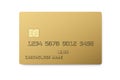 Golden plastic card with chip isolated on white. Payment or credi