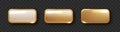 Golden plate button shape with frame. Realistic isolated design element, golden glossy label. Realistic 3D design
