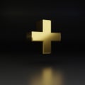 Golden plus symbol. 3D render shiny metal font isolated on black background