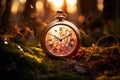 a golden pocket watch sitting in the middle of a forest