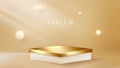 Golden podium with ball 3d style. elegant abstract background with pastel brown. square pedestal shaped for show goods or cosmetic