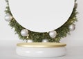 Golden podium with Christmas decoration on the background. Xmas mood. Elegant scene for product, cosmetic. Luxury mock