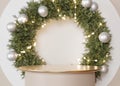 Golden podium with Christmas decoration on the background. Xmas mood. Elegant scene for product, cosmetic. Luxury mock