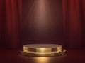 Golden podium for product show with light spot on red stage. Royalty Free Stock Photo