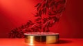 Golden podium on red background. Luxury pedestal for product presentation.