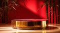 Golden podium on red background. Luxury pedestal for product presentation.