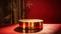 Golden podium on red background. Luxury pedestal for product presentation.