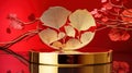 Golden podium on red background. Luxury pedestal for product presentation.