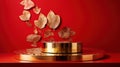 Golden podium on red background. Luxury pedestal for product presentation.