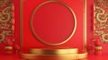 Golden podium with a red circle frame and chinese lanterns decorating a red background with golden dragon patterns for product