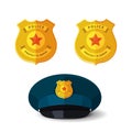 Golden police badge vector isolated or special security officer cop and sheriff metallic emblem on realistic hat cap flat cartoon Royalty Free Stock Photo