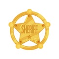 Brass five-pointed sheriff star badge in flat design isolated on white background. Golden policeman jetton. Royalty Free Stock Photo