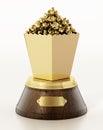 Golden popcorn on wooden pedestal. Cinema award. 3D illustration