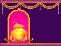 Golden Pot Full Of Coins With Lotus Flower, Lit Oil Lamps Diya, Marigold Garland Toran And Copy Space On Pink And Purple