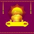 Golden Pot Full Of Coins With Lotus Flower, Lit Oil Lamps Diya, Marigold Garland Toran On Purple Background